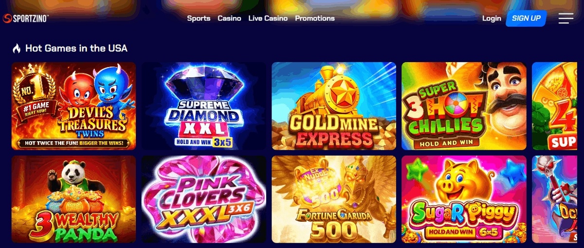 Sportzino Casino game library shwoing Hot games in the USA